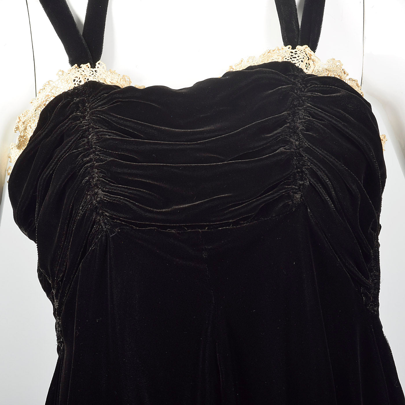1940s Black Velvet Halter Dress with Ruched Bodice