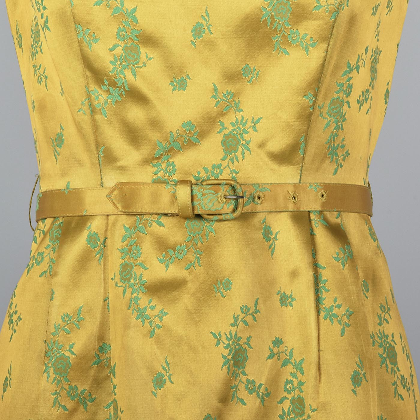 1960s Two Piece Dress  and Jacket Set in Mustard and Green Satin