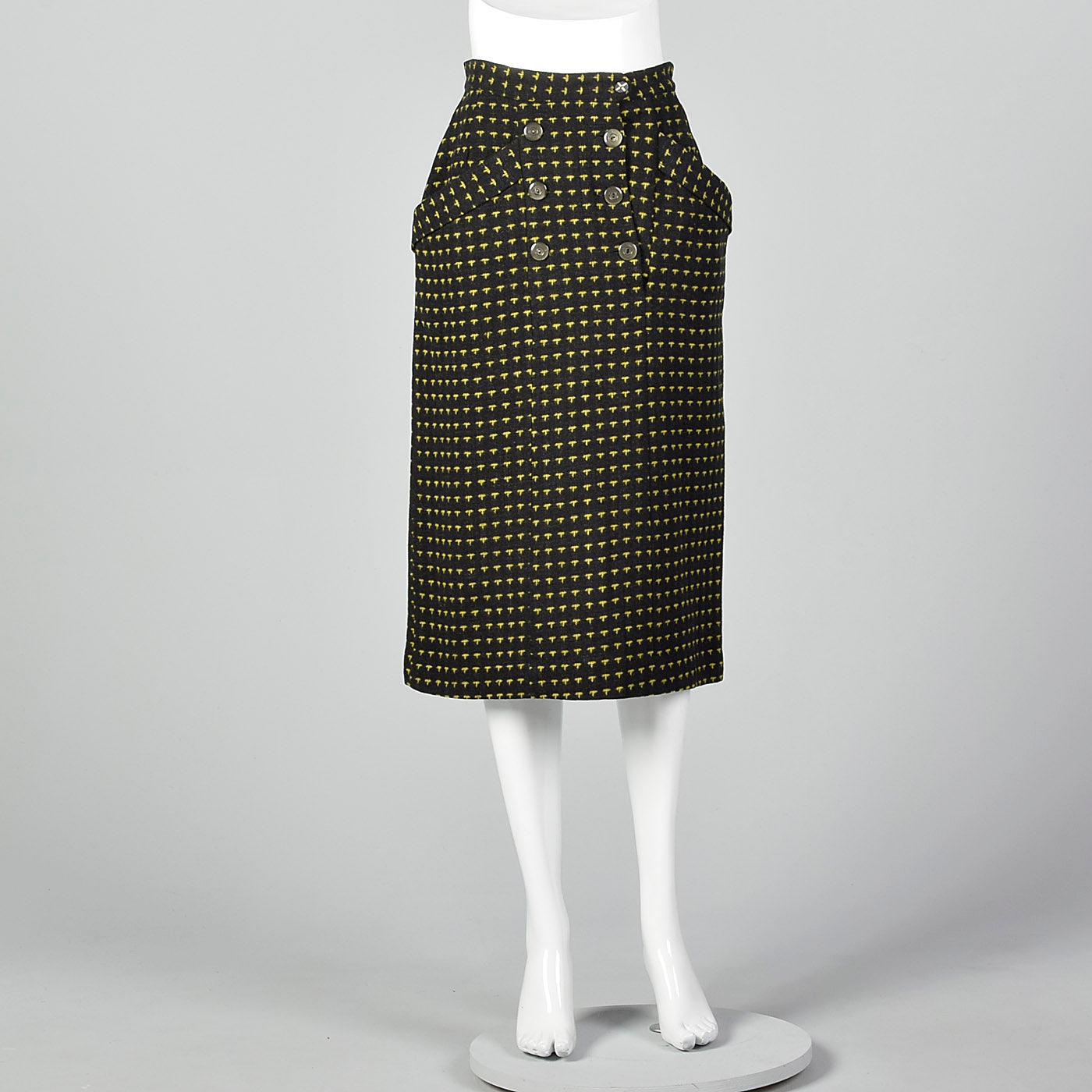 Small 1950s Charcoal and Yellow Patterned Pencil Skirt