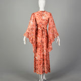 XS 1970s Pink Boho Maxi Dress Hippie Floral Print Bell Sleeves with Tieback Waist