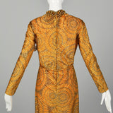 1970s Adele Simpson Evening Dress Metallic Orange Formal Gown with Long Sleeves