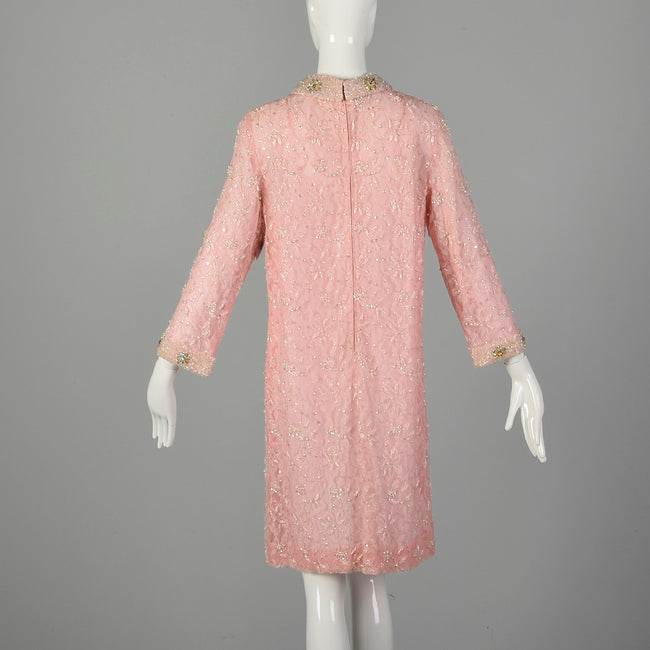 Large 1960s Mod Pink Dress Beaded Lace Long Sleeve Cocktail Party