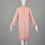 Large 1960s Mod Pink Dress Beaded Lace Long Sleeve Cocktail Party