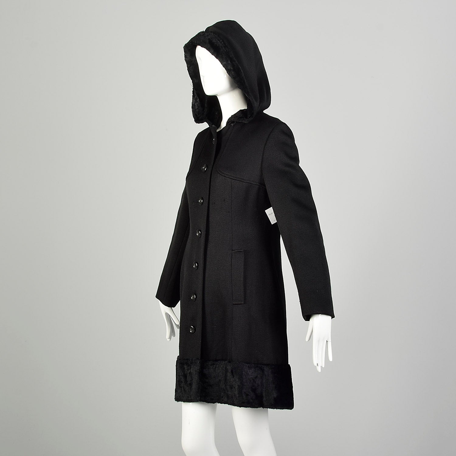 XS 1970s Black Fur Lined Hood Winter Coat Faux Fur Trim Heavyweight Car Coat