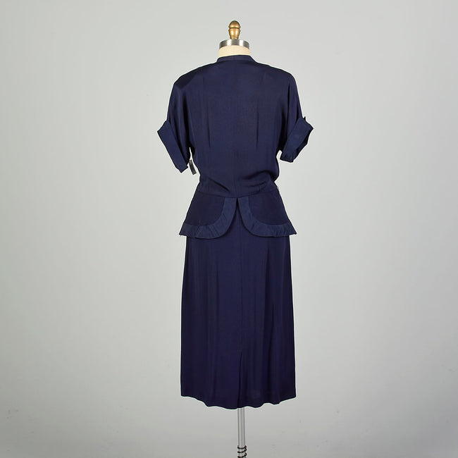 Large 1940s Dress Navy Blue Rayon Peplum Low Cut 'V' Neckline