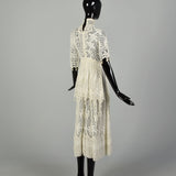 XS 1910s Cotton Lace Dress Pom Pom Fringe Cotton Lace Gauze