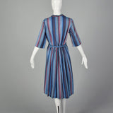 Large 1950s Blue Striped Cotton Day Dress