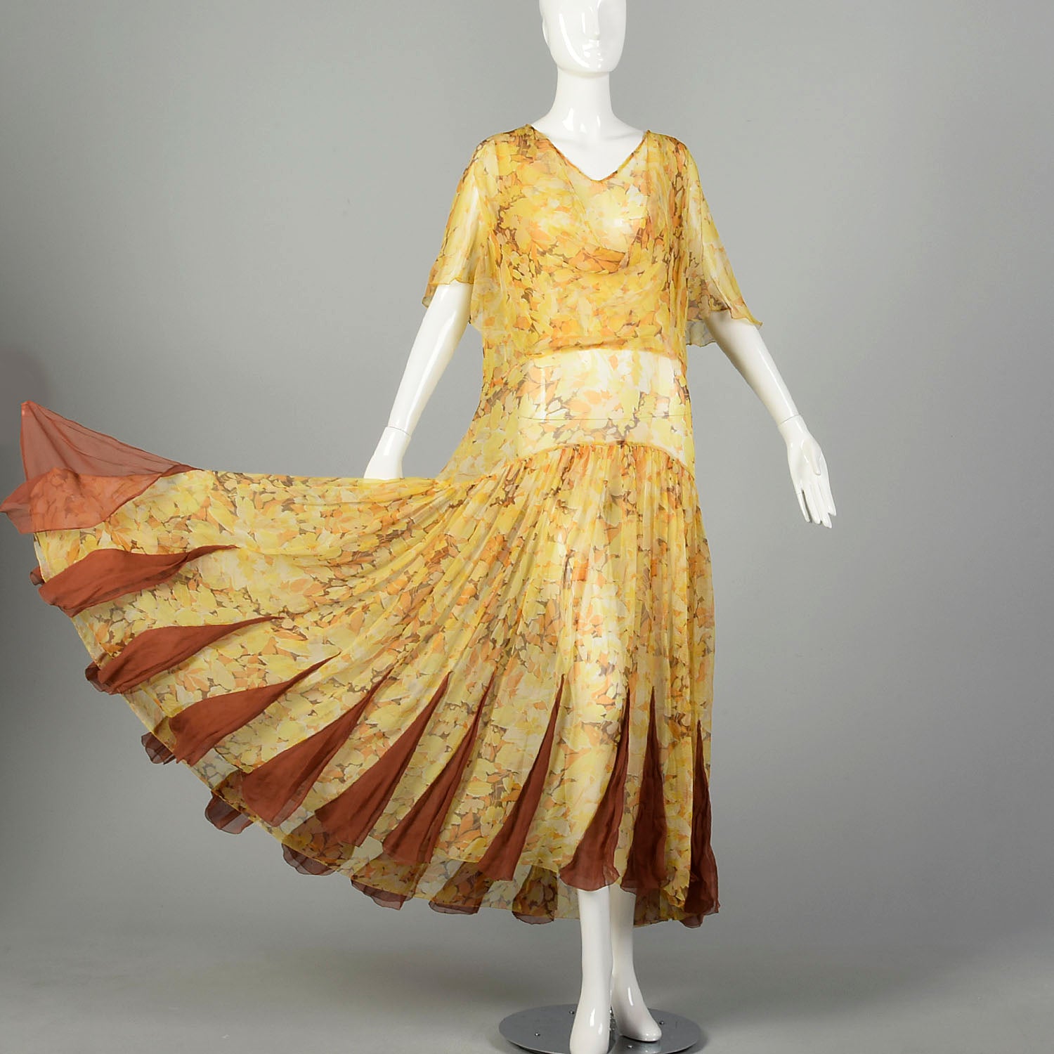 XL 1930s Sheer Silk Dress Floral Print Orange Yellow Volup XL 1930s Sheer Silk Dress Floral Print Orange Yellow Volup