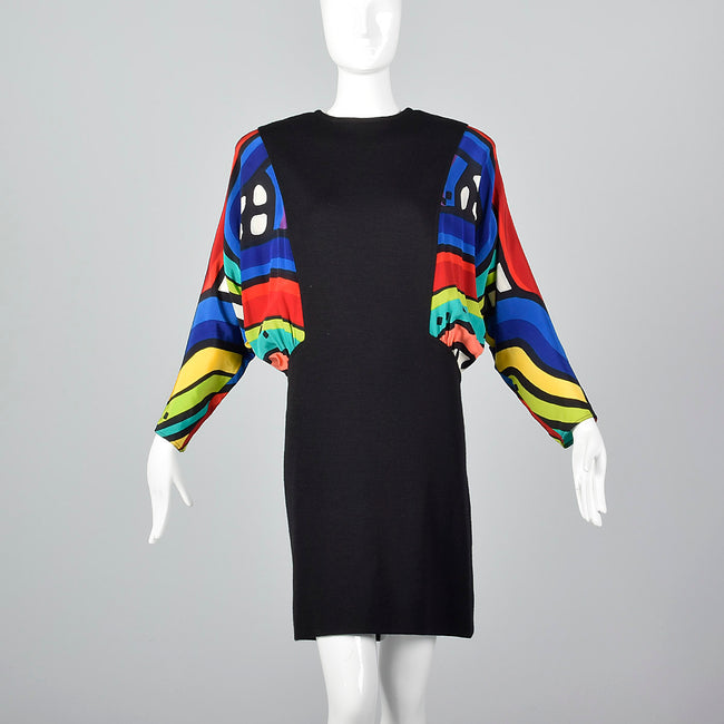 1980s Black Knit Dress with Colorful Silk Batwing Sleeves