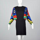 1980s Black Knit Dress with Colorful Silk Batwing Sleeves