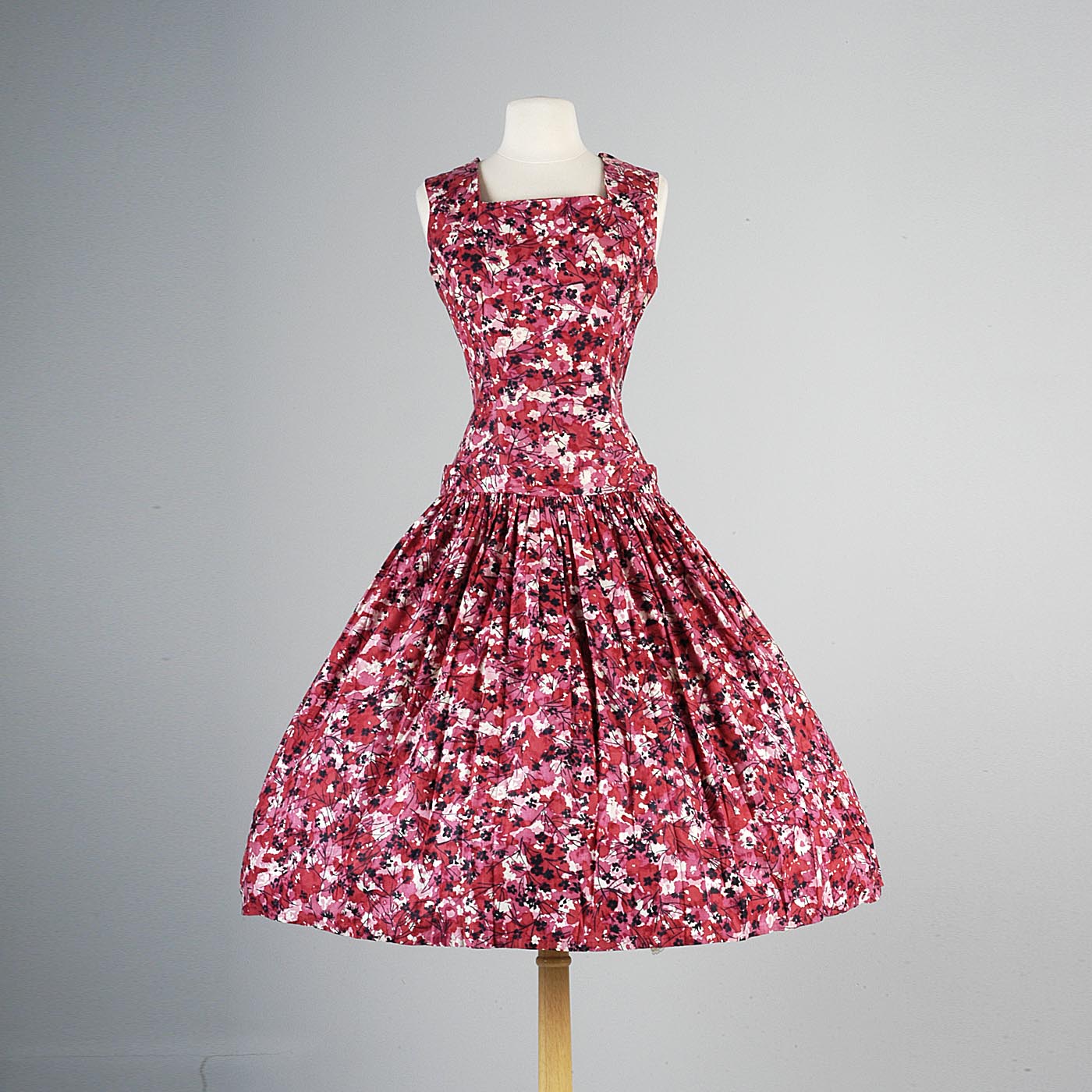 1950s Red and Pink Floral Dress with Dropped Waist