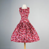 1950s Red and Pink Floral Dress with Dropped Waist
