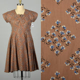 XL 1950s Brown Cotton Day Dress Blue Floral Print Short Sleeves