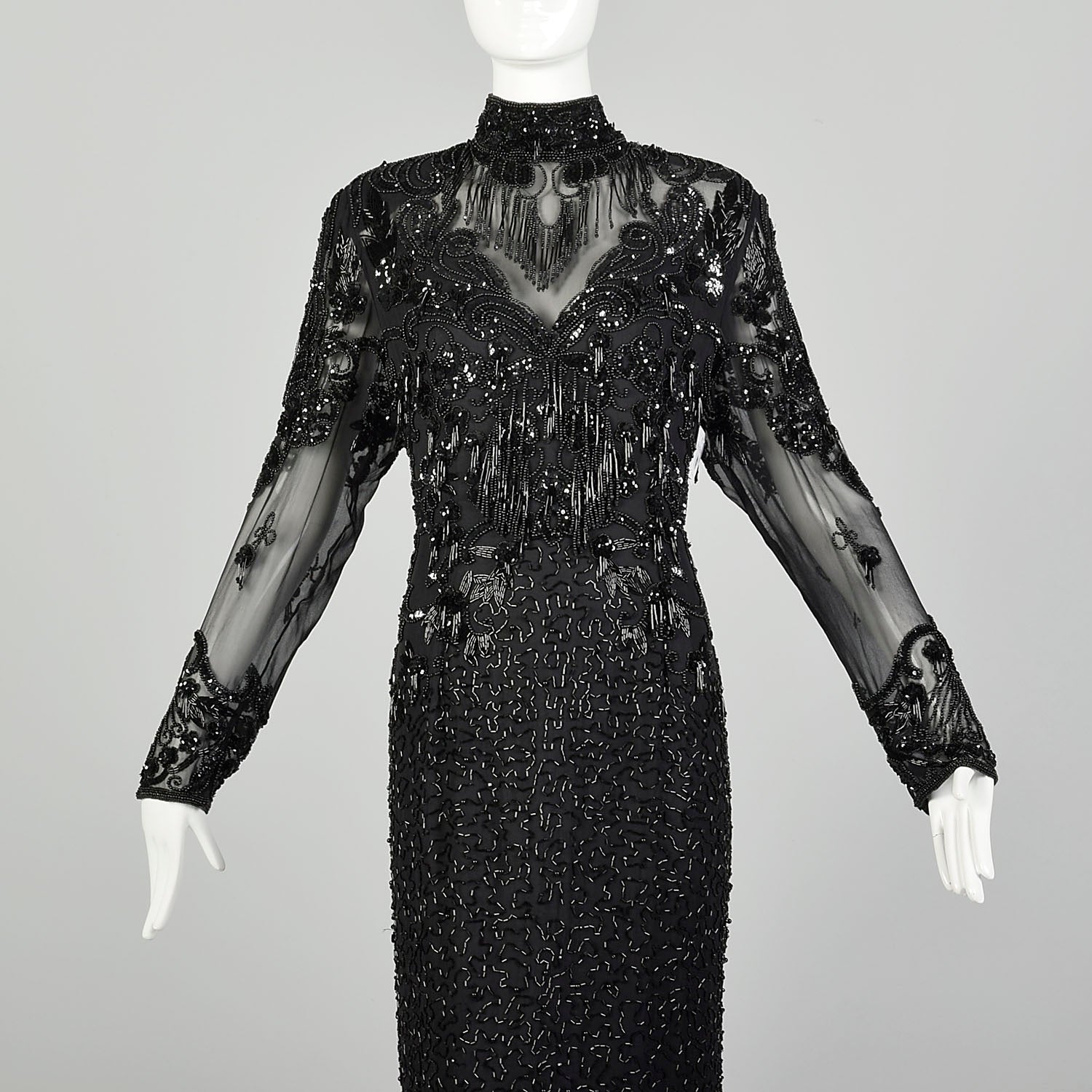Medium D'ore Dress 1980s Silk Sexy Black Beaded Sheer Long Sleeve