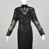 Medium D'ore Dress 1980s Silk Sexy Black Beaded Sheer Long Sleeve