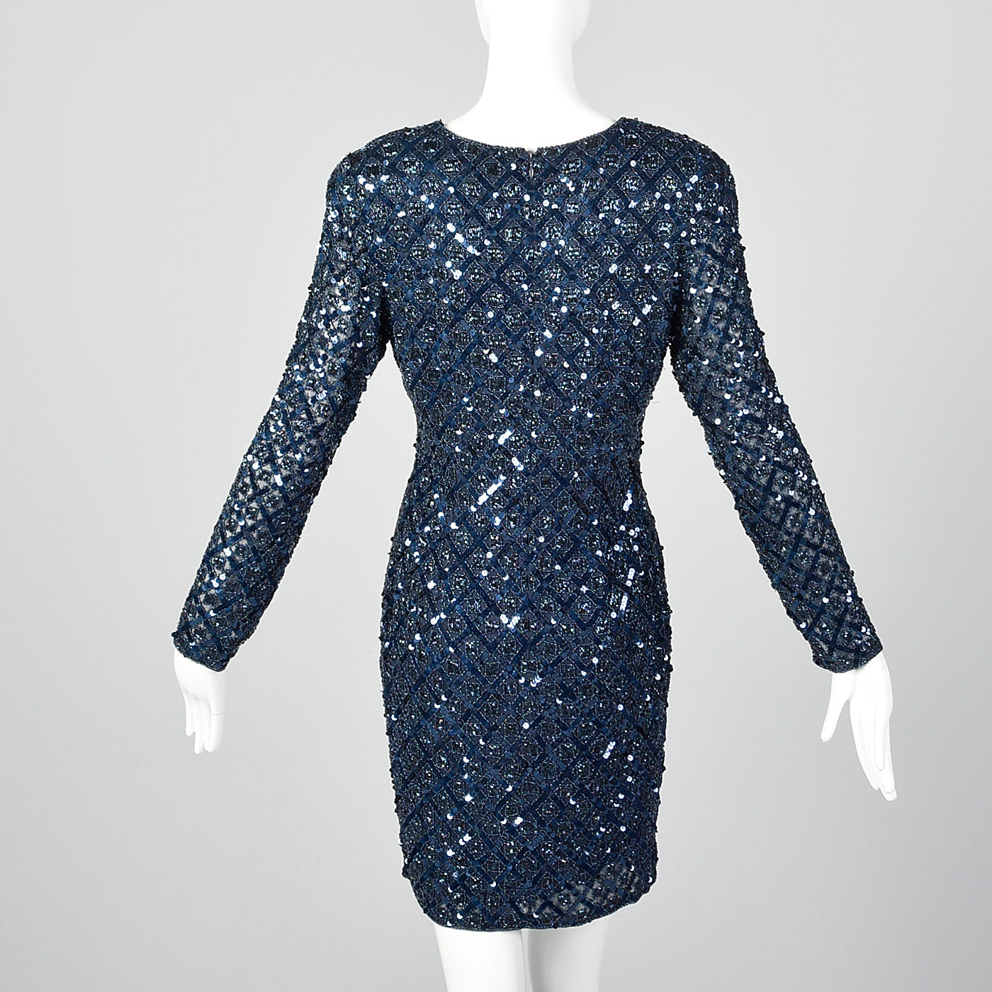1990s Oleg Cassini Blue Beaded Cocktail Dress