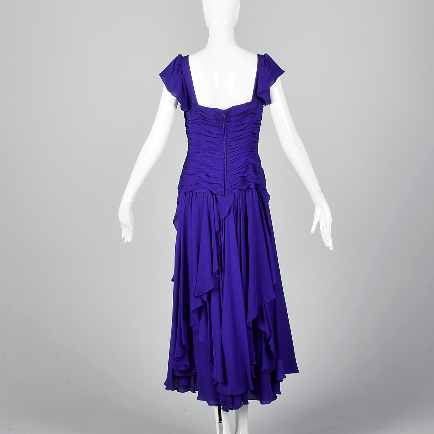 1980s Purple Gown with Ruched Bodice and Flutter Cap Sleeves