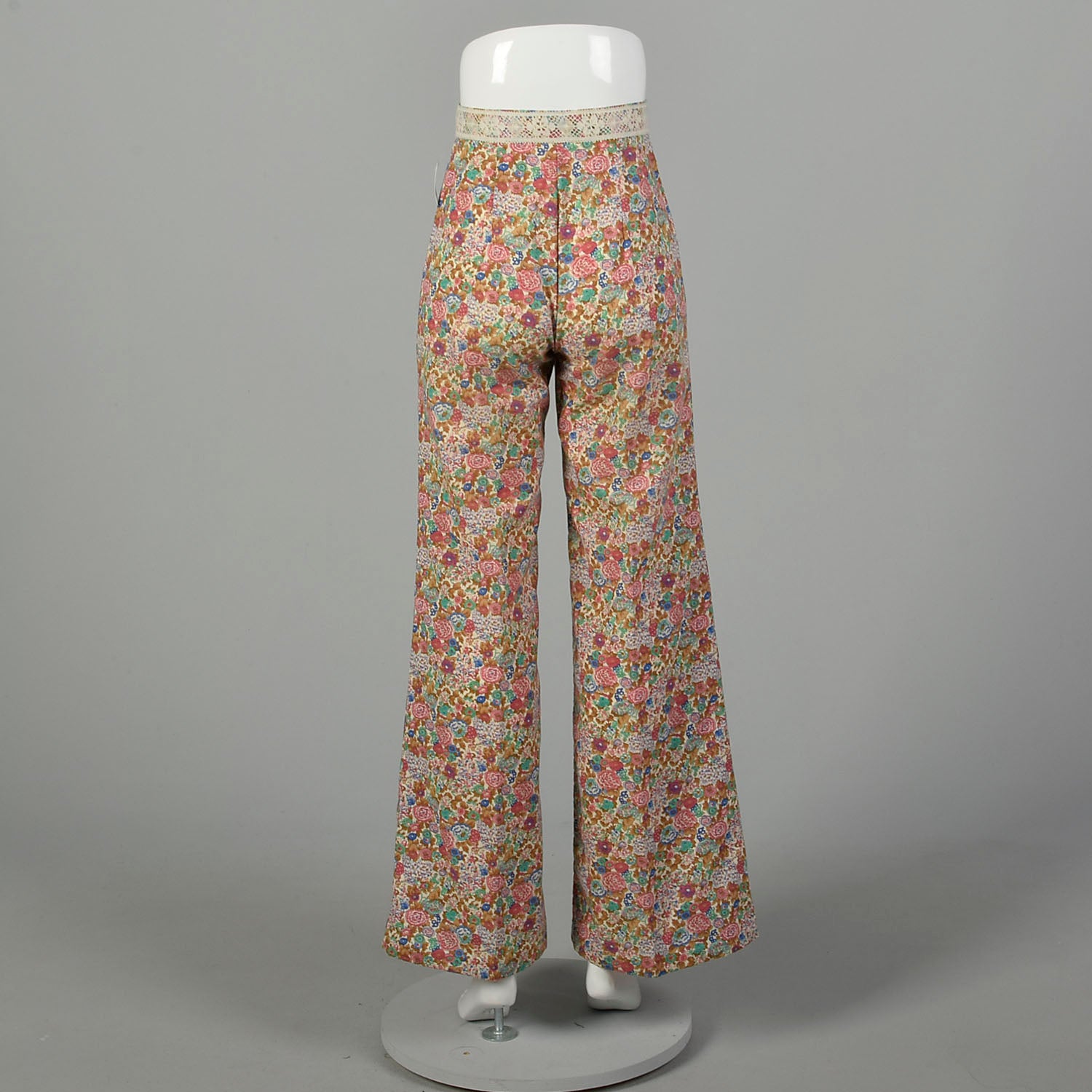 XS 1970s Pants Flower Print Bohemian Hippie Wide Leg Bell Bottoms