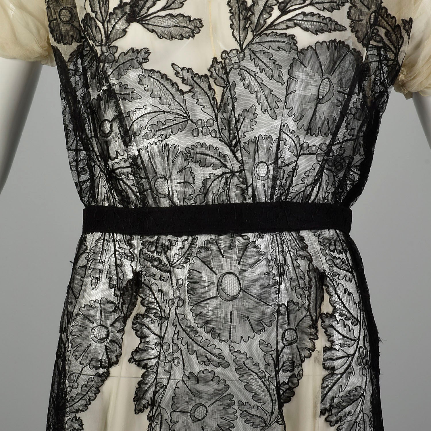 XS 1930s Old Hollywood Silk Gown Lace Black Ivory Panels Summer Sheer Flowy Sweeping Gown