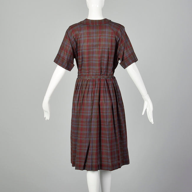 XL 1950s Burgundy Plaid Shirtwaist Day Dress Cotton Short Sleeve