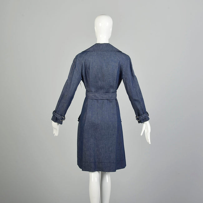 Small 1970s Denim Trench Coat  Double Breasted Knee Length Jean Jacket