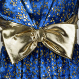 Medium 1980s Blue Velvet Cocktail Dress Long Sleeve Gold Eyelash Lame
