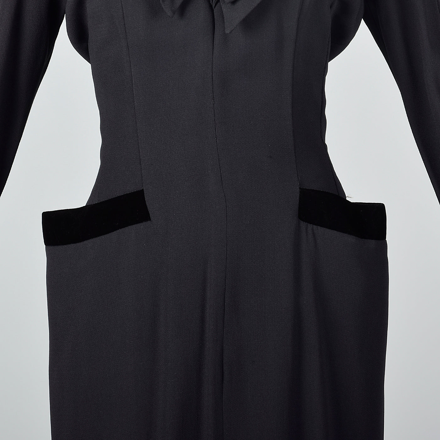 1950s Black Rayon Dress with Velvet Trim and Shawl Collar