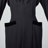 1950s Black Rayon Dress with Velvet Trim and Shawl Collar