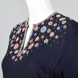 1940s Navy Peplum Top with Beaded Neckline
