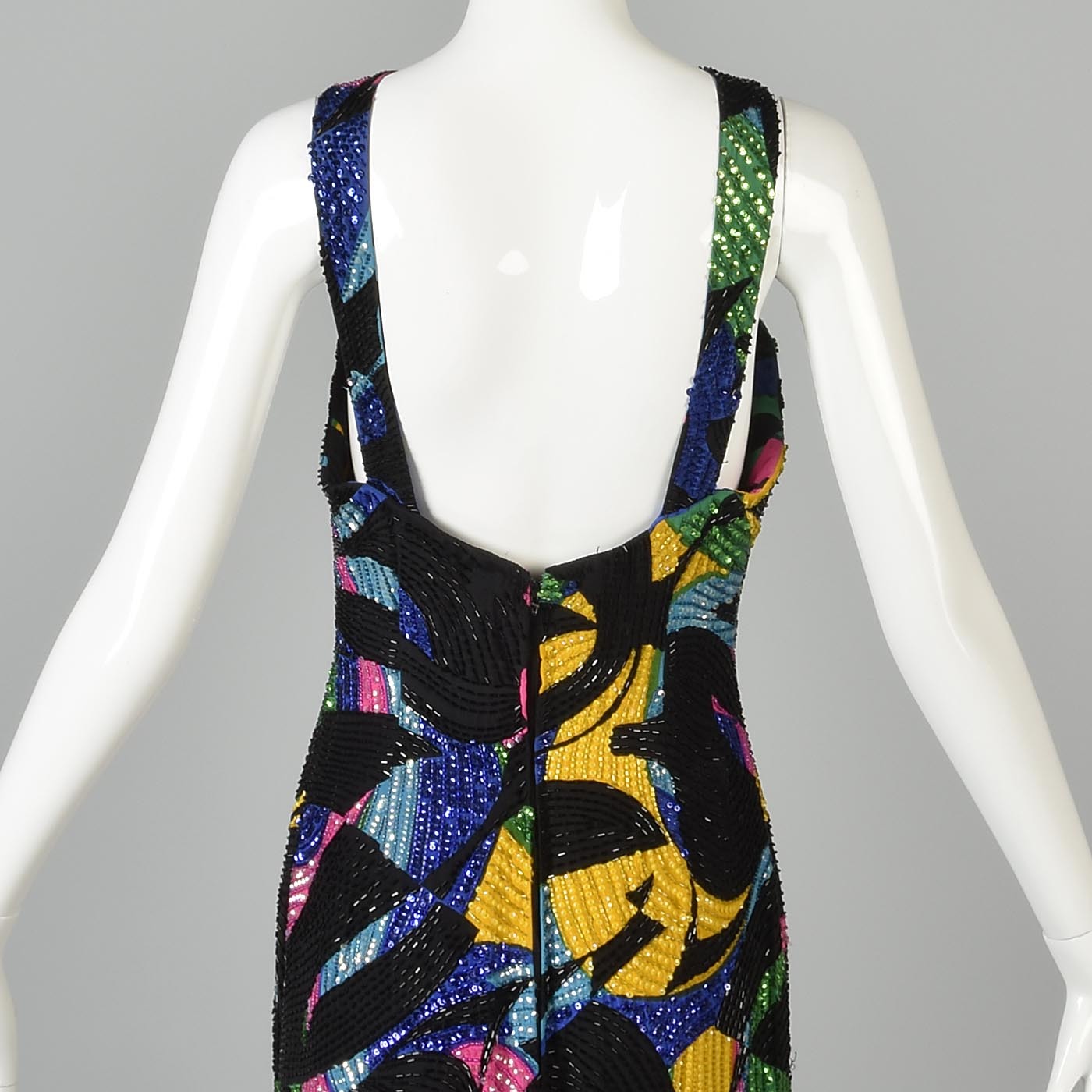 1990s Michael Novarese Abstract Beaded Formal Dress
