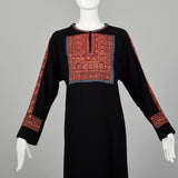 XL 1970s Neiman Marcus Black Dress Wool Embroidered Kaftan