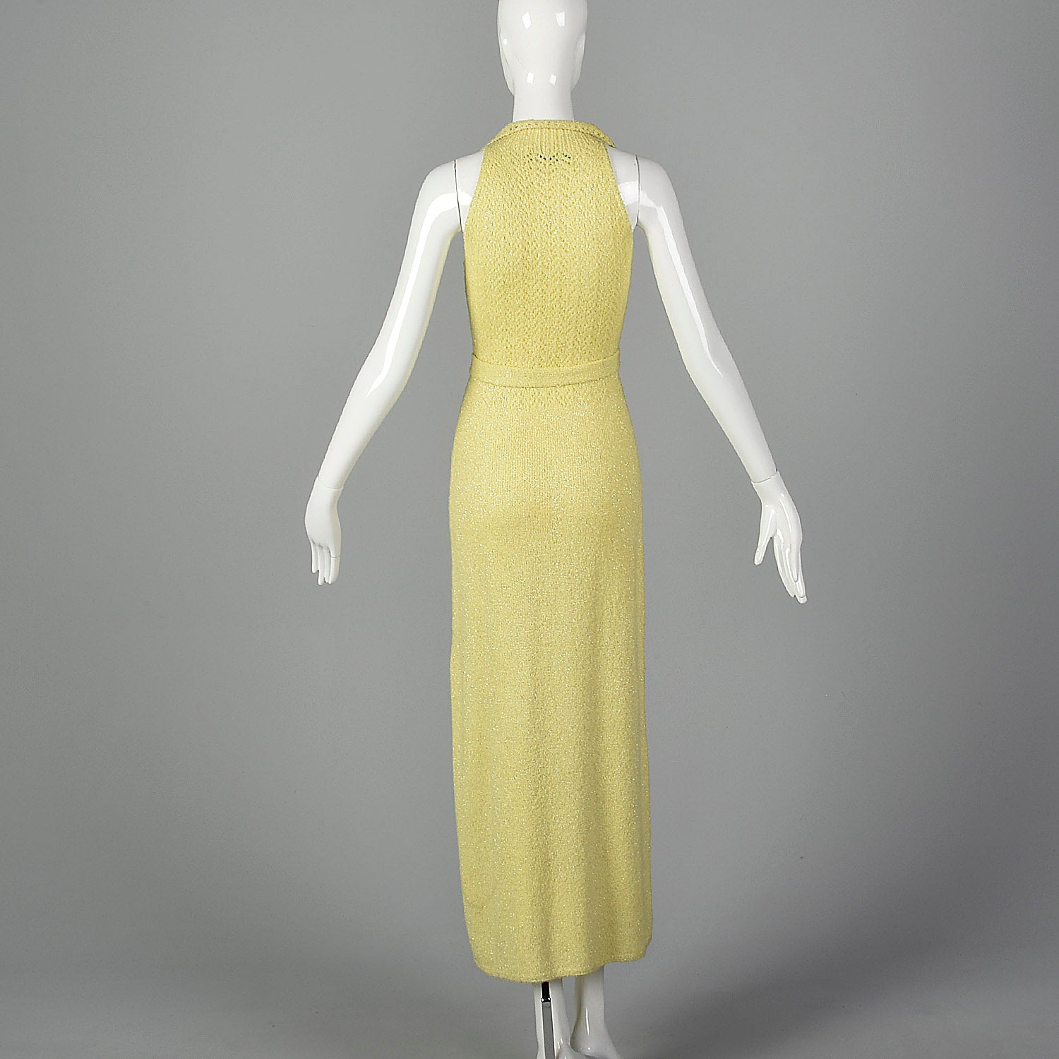 1970s Yellow Knit Maxi Dress with Metallic Silver Lurex