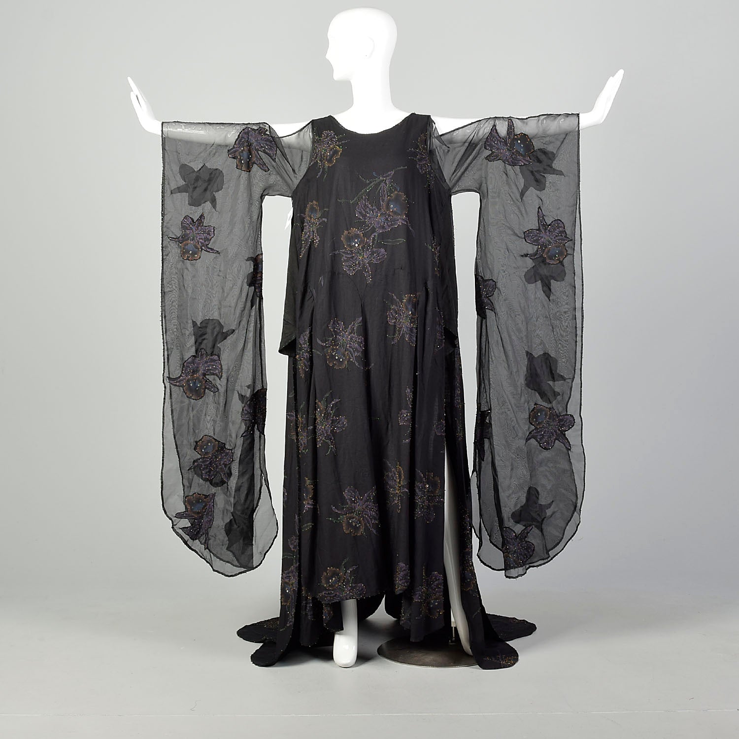 OSFM 1990s Dramatic Flowy Gothic Gown Kaftan Dress Kimono Sleeve Car Wash Beaded Hem