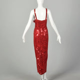 Medium 1990s Red Evening Dress Beaded Sleeveless Sequin Maxi