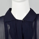 1940s Sheer Navy Blue Dress with Pleated Front