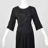 Medium 1990s Dress Black Beaded Crepe Quarter-Sleeve LBD