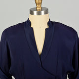 Large 1940s Dress Navy Blue Rayon Peplum Low Cut 'V' Neckline