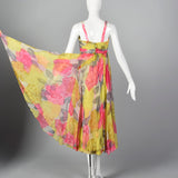 1960s Silk Floral Dress with Color Block Cape