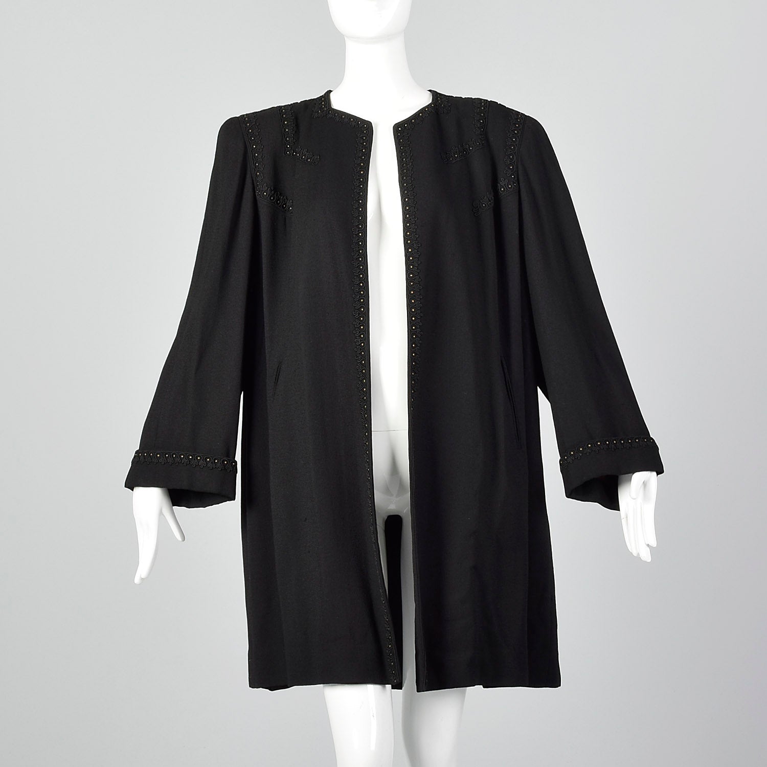 1940s Black Swing Coat with Soutache & Studs