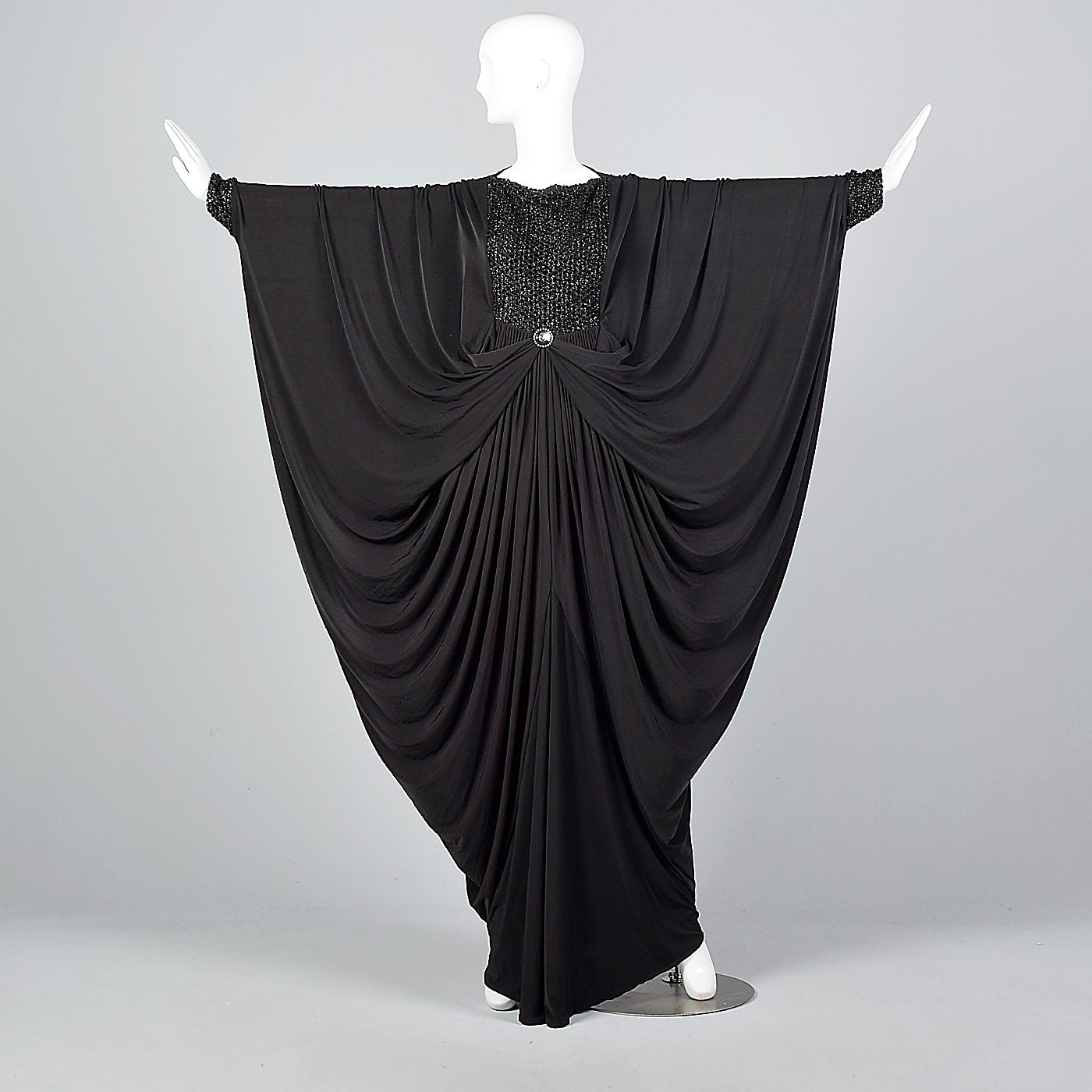 Extraordinary 1970s Black Jersey Cocoon Dress with Incredible Draping