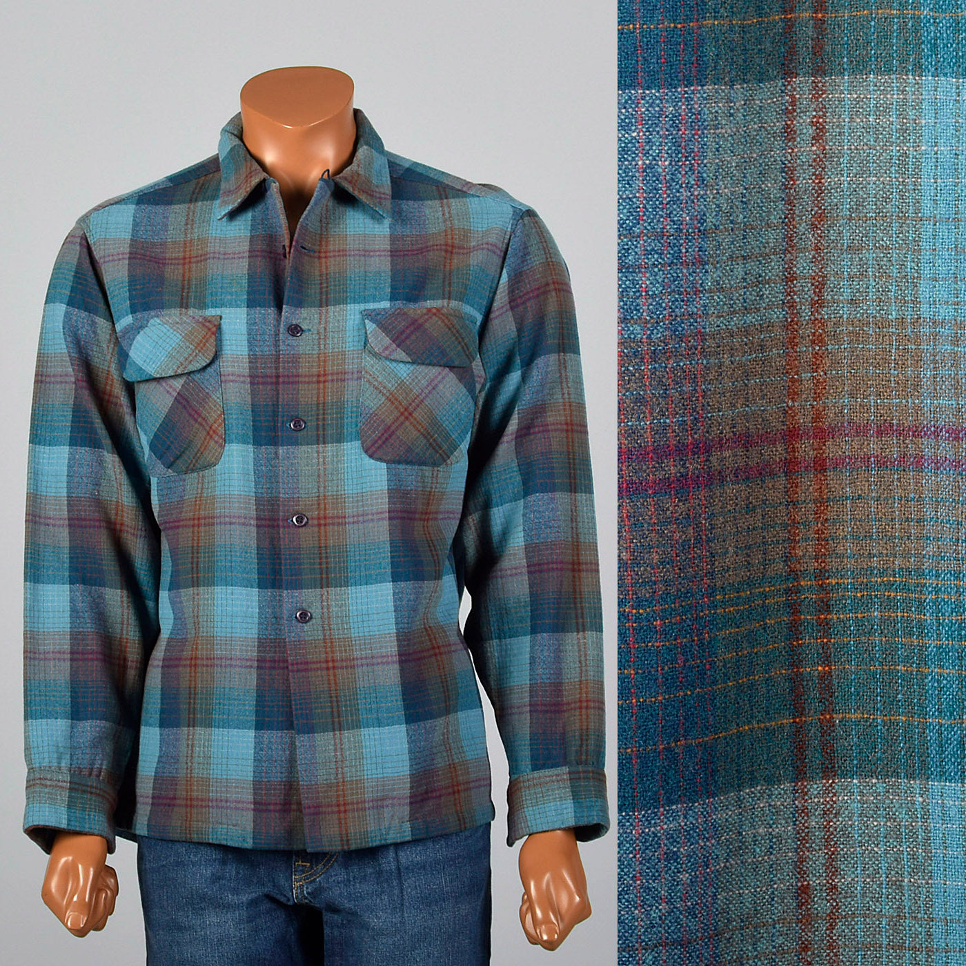 1960s Mens Pendleton Board Shirt in Blue Plaid