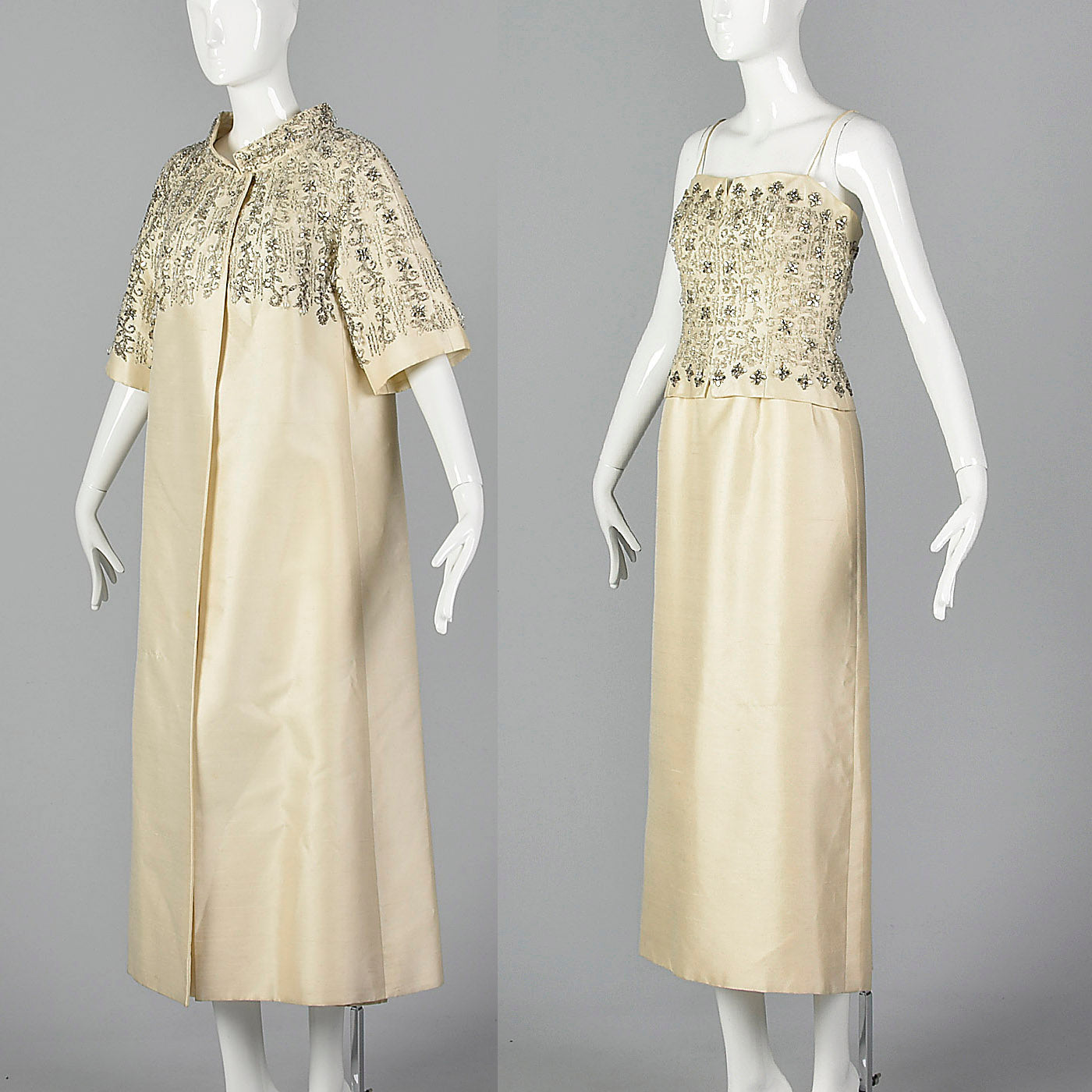 1960s  Beaded Wedding Ensemble with a  Sleeveless Dress and Formal Opera Coat