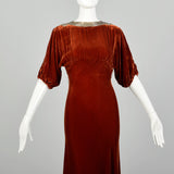 Small 1930s Silk Velvet Dress Tawny Glamorous Beaded Evening Gown Old Hollywood