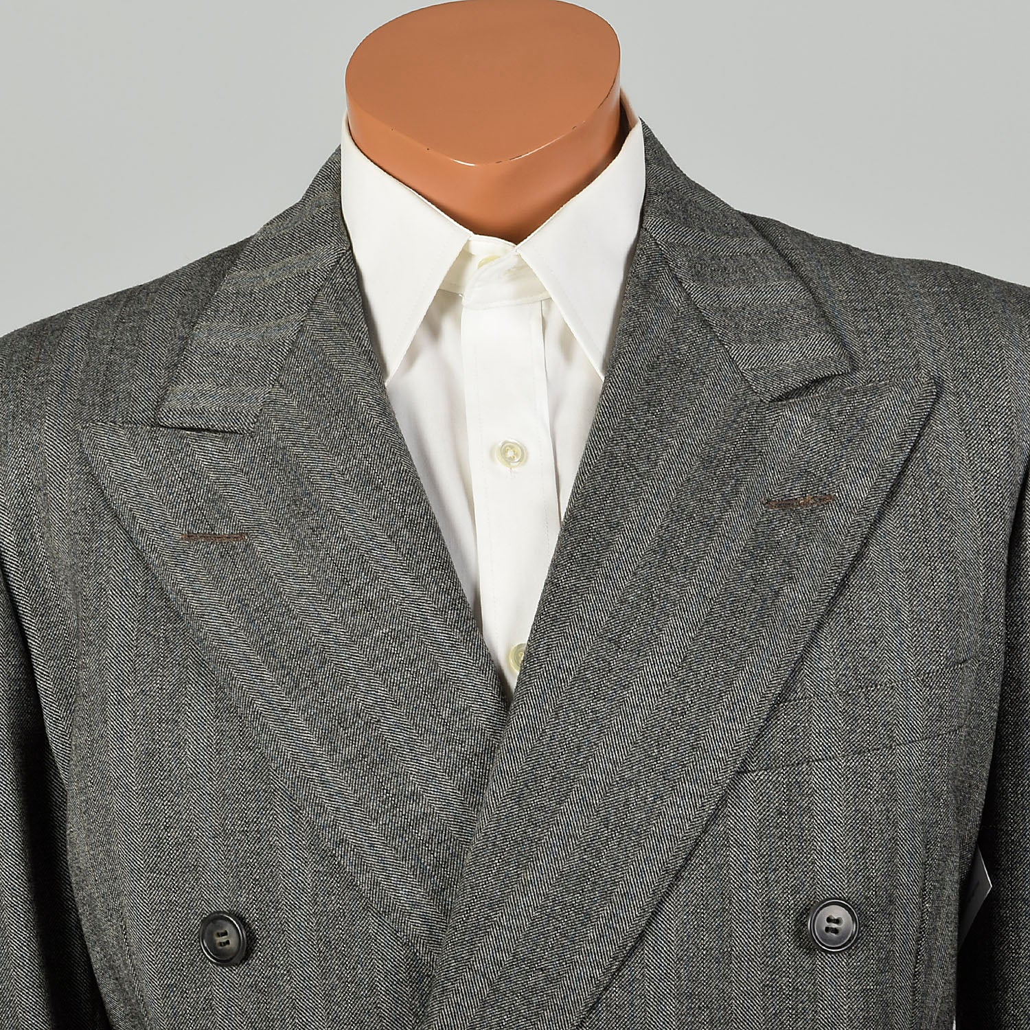 42L 1940s 2pc Suit Grey Herringbone Twill Double Breasted Peak Lapel