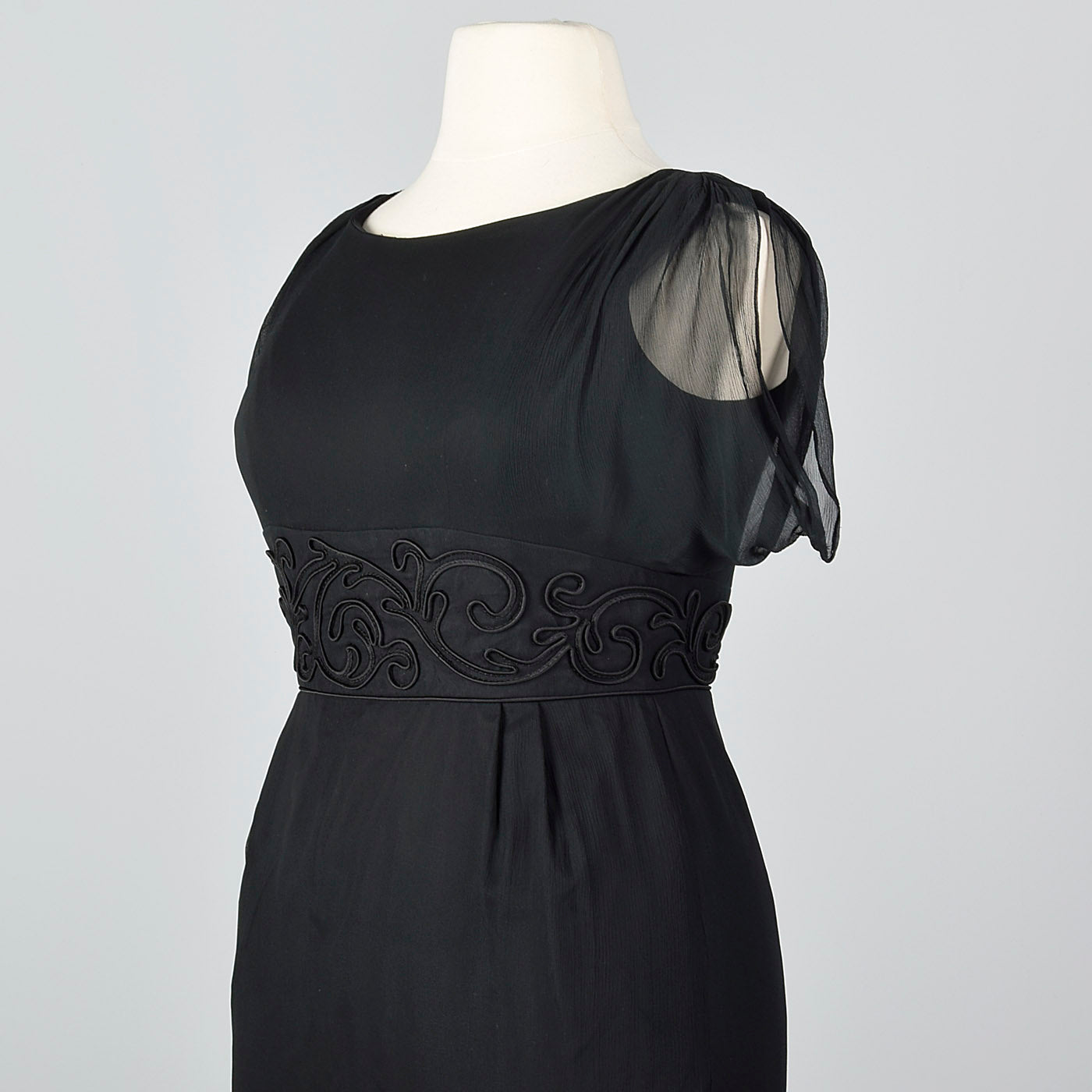 1950s Black Silk Dress with Soutache Trim Waist