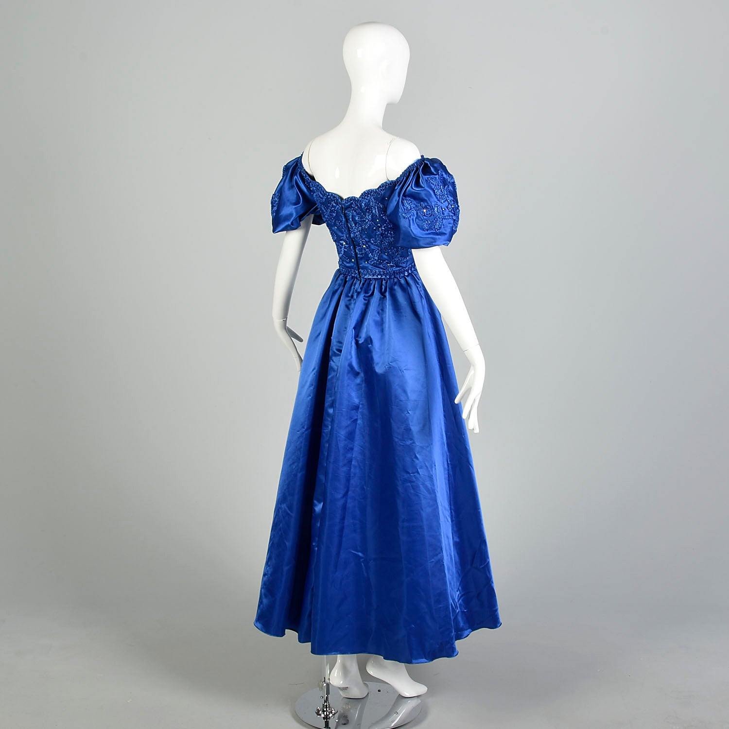 Large 1980s Mike Benet Formals Blue Ribbon Puff Sleeve Prom Dress