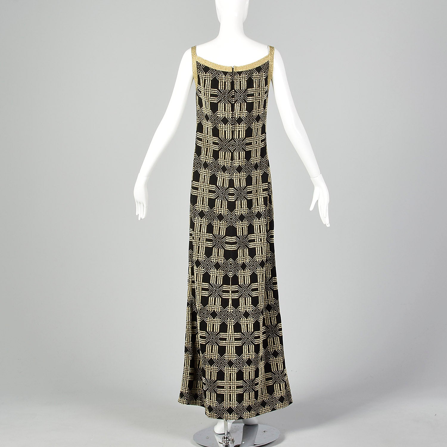 1970s Pierre Balmain Formal Black Maxi Dress with Geometric Gold Lurex Design