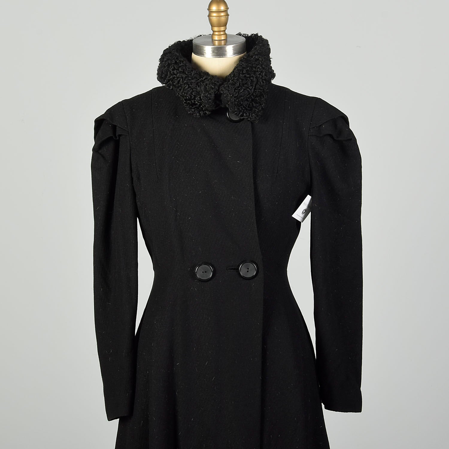 Small 1940s Princess Coat Persian Lamb Convertible Collar Black Wool