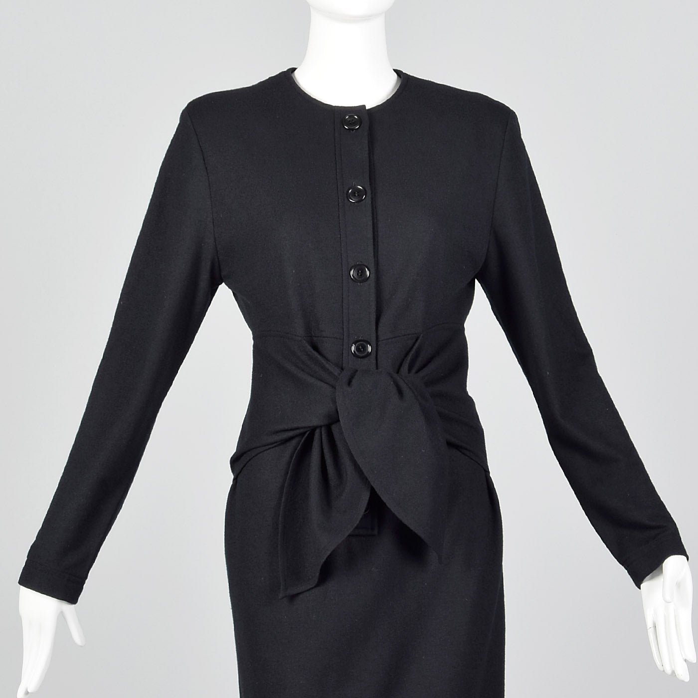 1980s Oscar de la Renta Black Wool Dress with Tie Waist