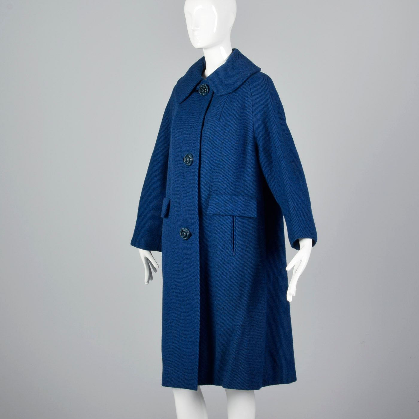 1950s Blue Tweed Coat with Decorative Floral Buttons